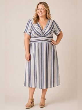 Time Square 4X Blue Striped Twist Front Midi Dress 100% Rayon Plus Size
